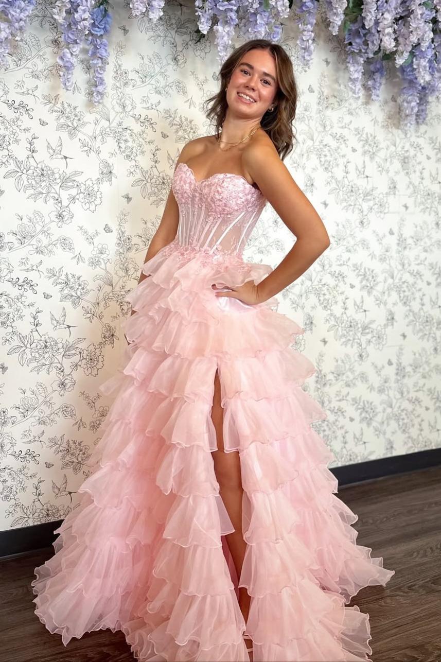 Blush Pink Sweetheart Corset Prom Dress with Tiered Tulle and Elegant Slit