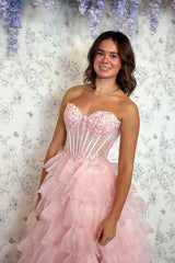 Blush Pink Sweetheart Corset Prom Dress with Tiered Tulle and Elegant Slit