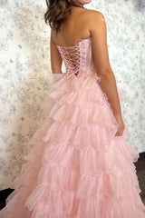 Blush Pink Sweetheart Corset Prom Dress with Tiered Tulle and Elegant Slit