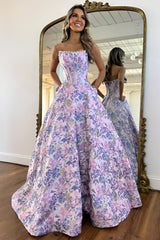 Strapless Corset Ball Gown Prom Dress with Floral Jacquard Fabric and Pearl Accents