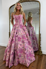 Strapless Corset Ball Gown Prom Dress with Floral Jacquard Fabric and Pearl Accents