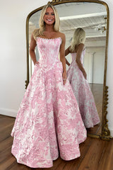 Strapless Corset Ball Gown Prom Dress with Floral Jacquard Fabric and Pearl Accents