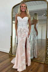 Floral Lace Mermaid Sweetheart Corset Prom Gown with High Slit