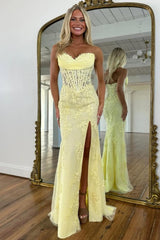 Floral Lace Mermaid Sweetheart Corset Prom Gown with High Slit