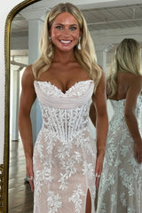 Floral Lace Mermaid Sweetheart Corset Prom Gown with High Slit
