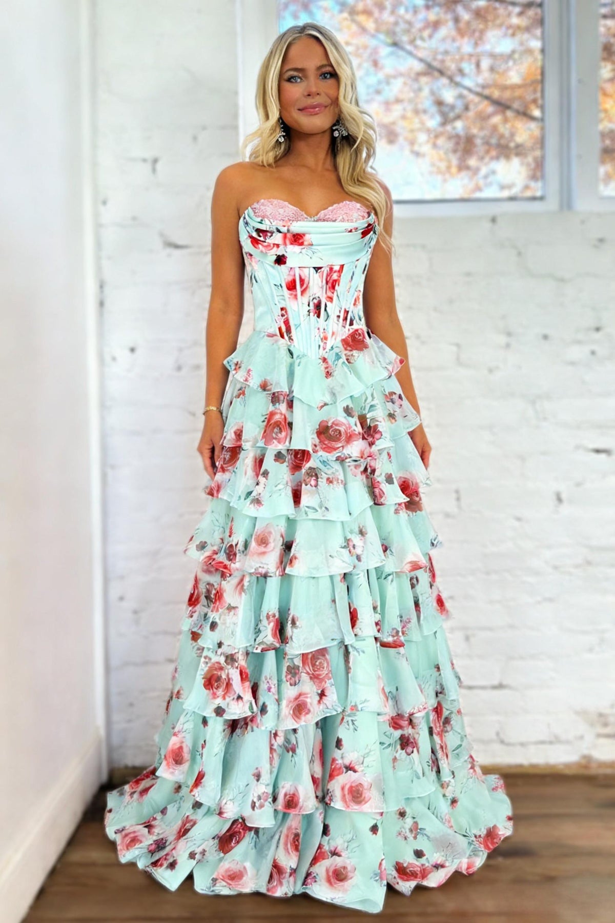 Floral Sweetheart Corset Prom Dress with Layered Skirt Design