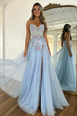 Light Blue Strapless Tulle Prom Dress with Floral Appliqué and Flowing Train