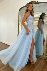 Light Blue Strapless Tulle Prom Dress with Floral Appliqué and Flowing Train