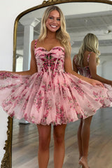 Dreamy Pink Floral A Line Homecoming Dress with Layered Tulle Skirt and Straps