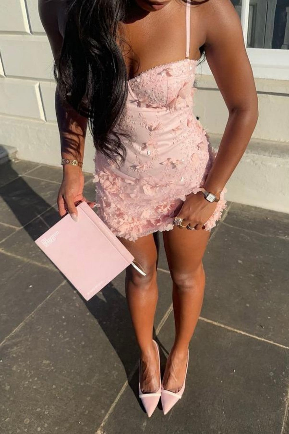 Chic Pink Floral Lace Mini Dress with Structured Corset Top and Sweetheart Fit
