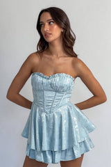 Blue Jacquard Strapless Homecoming Dress with Ruffled Bust and Tiered Skirt