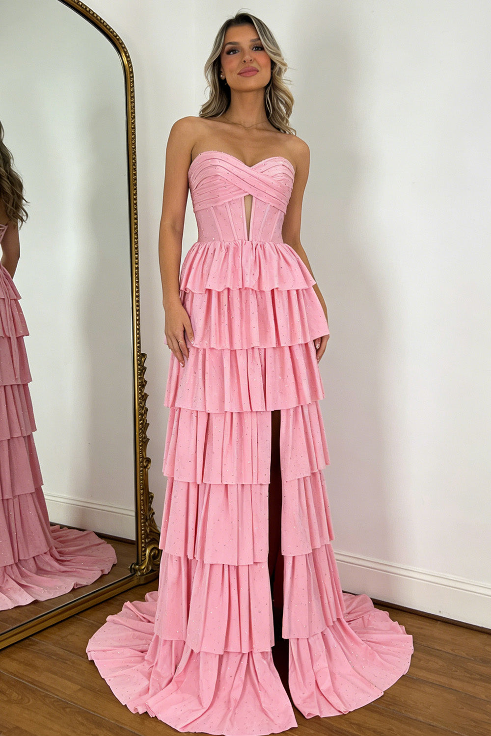 Pink Sweetheart Glitter Corset Prom Dress with High Slit and Ruffles