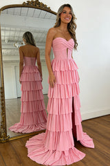 Pink Sweetheart Glitter Corset Prom Dress with High Slit and Ruffles