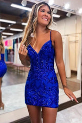 Stunning Royal Blue Glitter Embellished Homecoming Dress with Delicate Straps