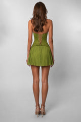 Chic Sage Green Corset Homecoming Dress with Halter Neck and Pleated Skirt