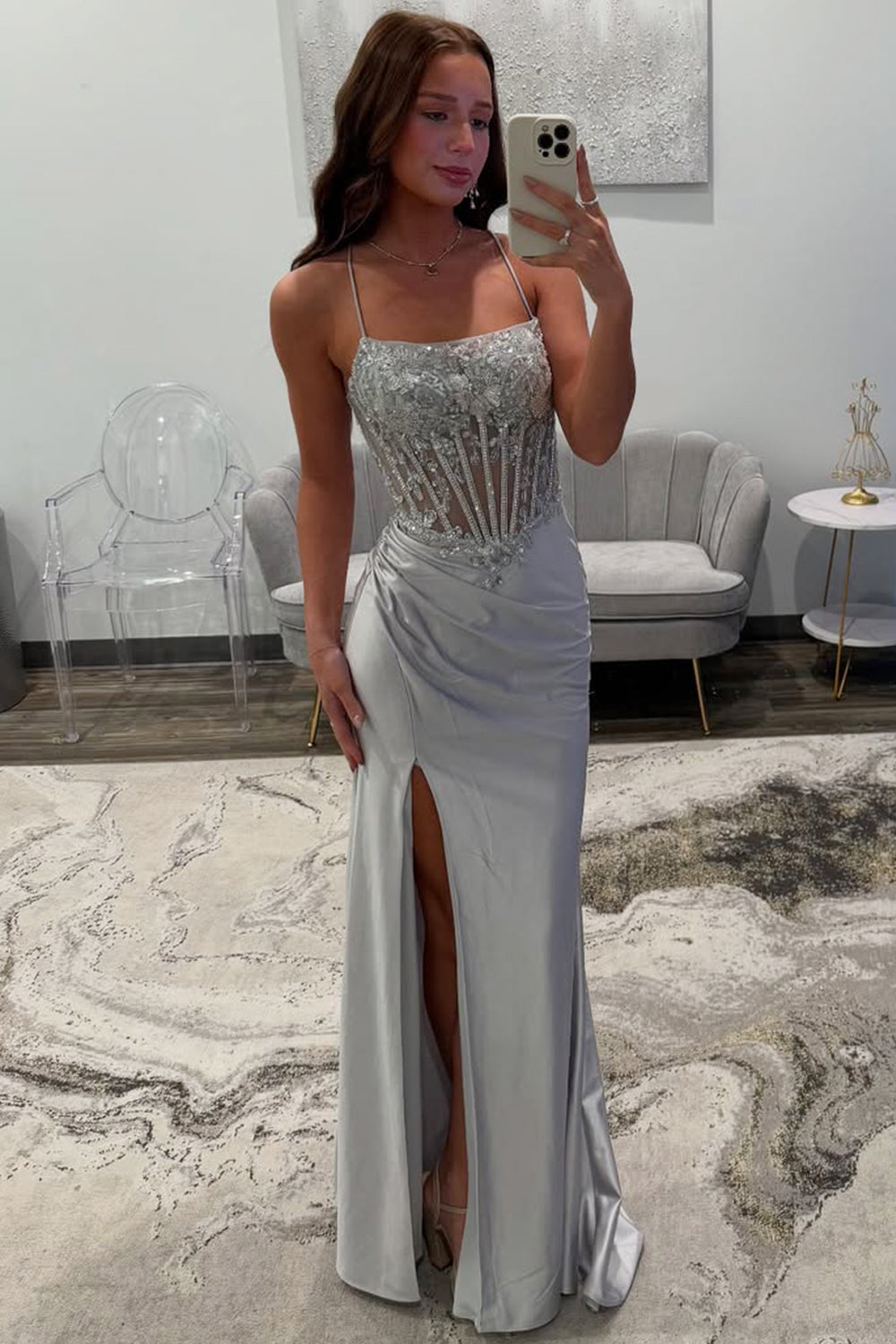 Silver Sequin Prom Dress with Crisscross Back Detail and Slit Skirt