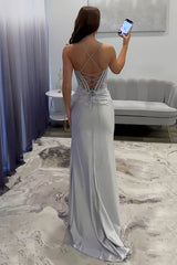 Silver Sequin Prom Dress with Crisscross Back Detail and Slit Skirt