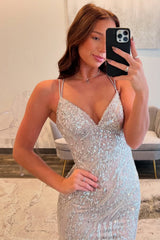 Silver Sequin Spaghetti Strap Mermaid Prom Dress with Slit and Crisscross Lace-Up Back