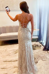 Silver Sequin Spaghetti Strap Mermaid Prom Dress with Slit and Crisscross Lace-Up Back