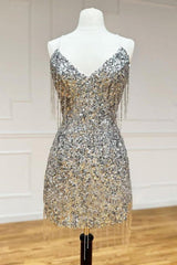 Chic Silver Mini Homecoming Dress with Glitter Sequins and Playful Fringe Trim