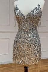 Chic Silver Mini Homecoming Dress with Glitter Sequins and Playful Fringe Trim