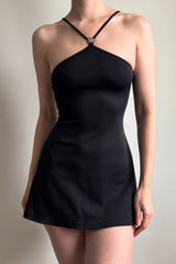 Classic Black A Line Homecoming Dress with Halter Bodice and Front Button Design