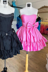 Sweet Pink Strapless Homecoming Dress with Satin Fabric and Elegant Bow Accent