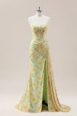 Glitter Soft Floral Print Mermaid Sweetheart Ruched Evening Gown with High-Slit