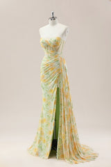 Glitter Soft Floral Print Mermaid Sweetheart Ruched Evening Gown with High-Slit