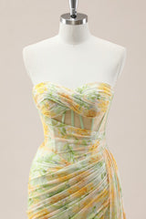 Glitter Soft Floral Print Mermaid Sweetheart Ruched Evening Gown with High-Slit