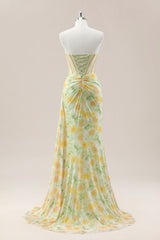 Glitter Soft Floral Print Mermaid Sweetheart Ruched Evening Gown with High-Slit