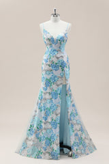 Sparkling Blue Flower Spaghetti Straps Lace Sequin Mermaid Prom Gown with Slit