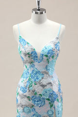 Sparkling Blue Flower Spaghetti Straps Lace Sequin Mermaid Prom Gown with Slit