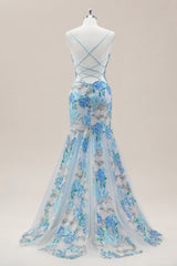 Sparkling Blue Flower Spaghetti Straps Lace Sequin Mermaid Prom Gown with Slit