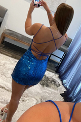 Stunning Royal Blue Glitter Homecoming Dress with Thin Strap Design