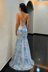 Elegant Sparkly Blue Floral Appliqué Mermaid Prom Dress with Lace-Up Back and Slit