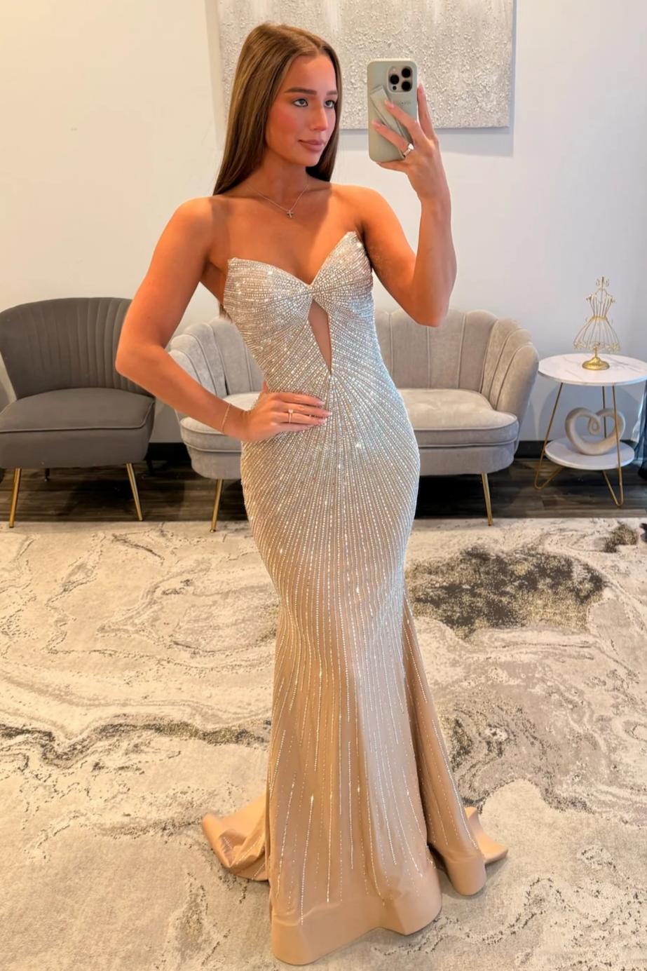 Champagne Sparkly Strapless Mermaid Prom Dress with Beaded Bodice and Side Cutout
