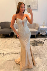 Champagne Sparkly Strapless Mermaid Prom Dress with Beaded Bodice and Side Cutout
