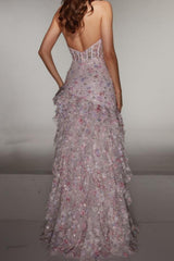 Elegant Halter Sequin Prom Gown with Corset Bodice, High Slit and Ruffled Skirt