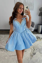 Pretty Light Blue Corset Party Dress with Crystal Bodice and Ribbon Tie Straps