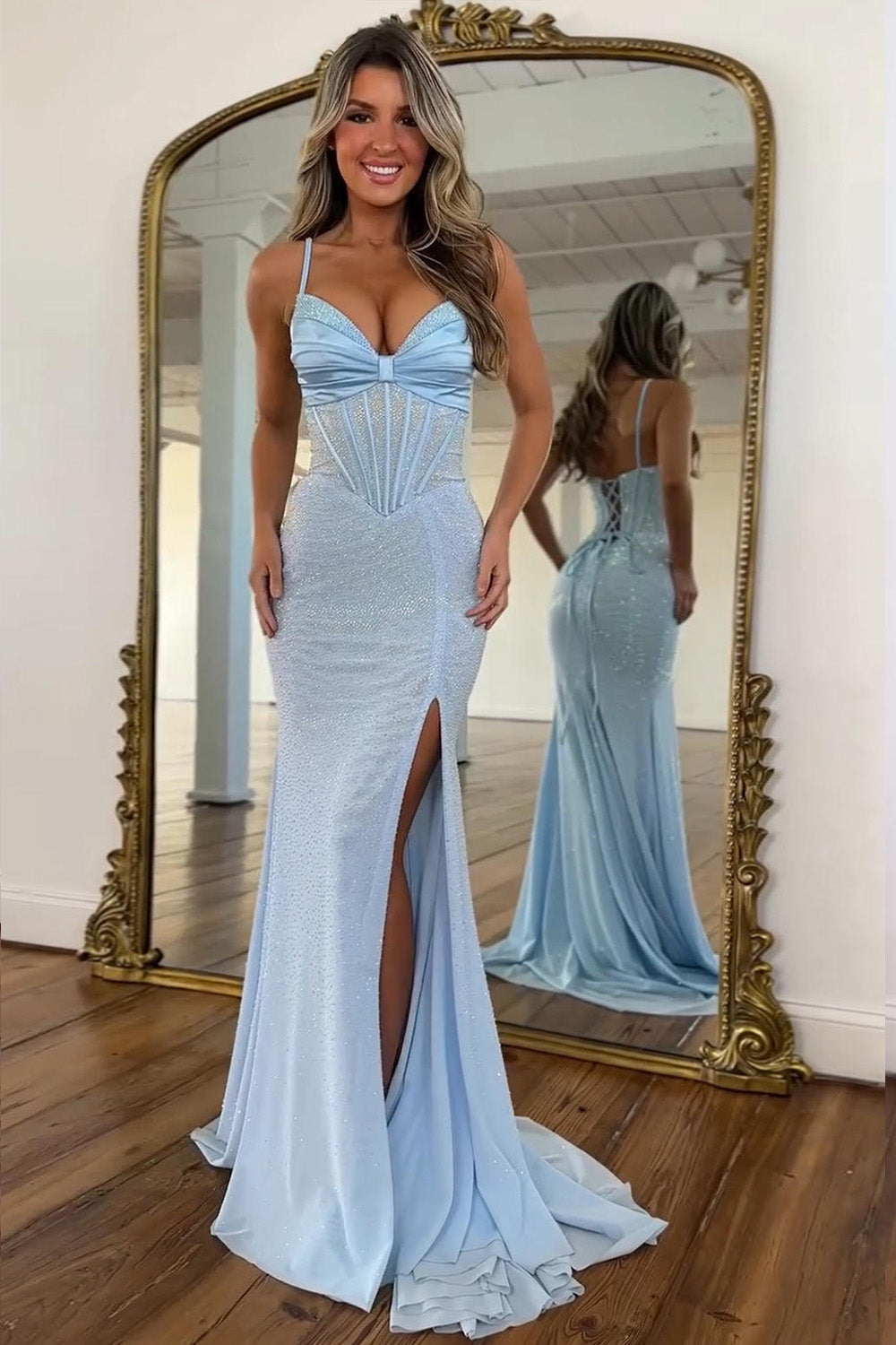 Light Blue Spaghetti Strap Mermaid Prom Dress with Glitter Corset and High Slit