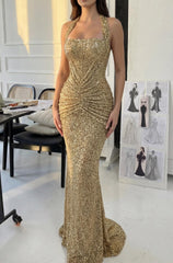 Sparkly Gold Mermaid Halter Neck Prom Gown with Ruched Detailing