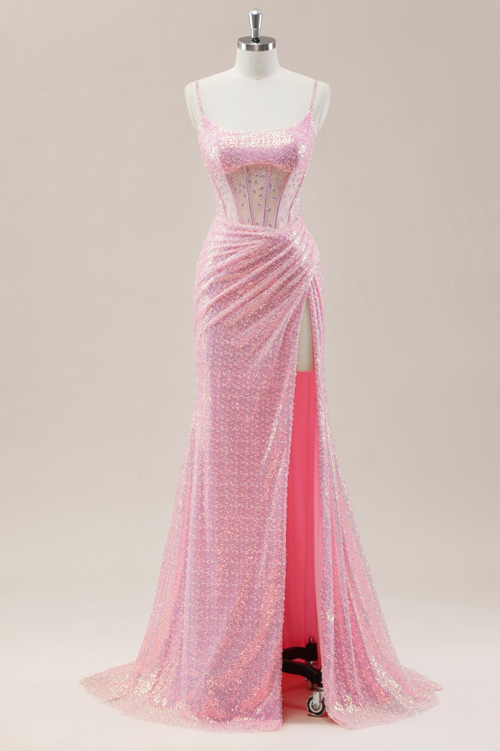 Sparkly Pink Corset Sequin Prom Dress with Ruched Skirt and High Slit