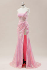 Sparkly Pink Corset Sequin Prom Dress with Ruched Skirt and High Slit