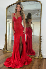 Red Sparkly Mermaid Prom Dress with Beaded Bodice, Criss-Cross Back & Slit