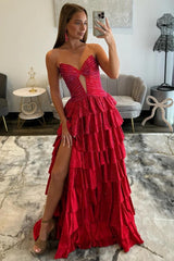 Red Strapless Prom Dress with Sparkling Lace-Up Top, Tiered Ruffles, Side Cutout & Slit