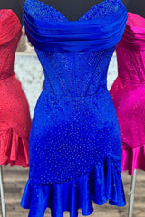 Sparkly Satin Homecoming Dress with Beaded Corset and Ruffle Hem