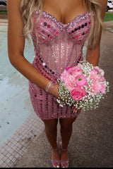 Chic Pink Sheath Short Homecoming Dress with Crystal Beading and Sweetheart Design