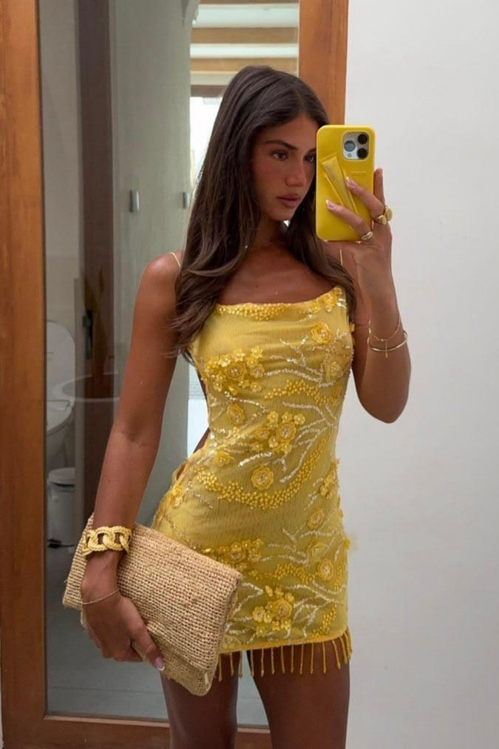 Stunning Yellow Beaded Homecoming Dress with Glitter Finish and Fringe Skirt