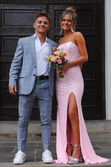 Sparkling Blush Pink Pearl Prom Dress with Elegant Side Slit